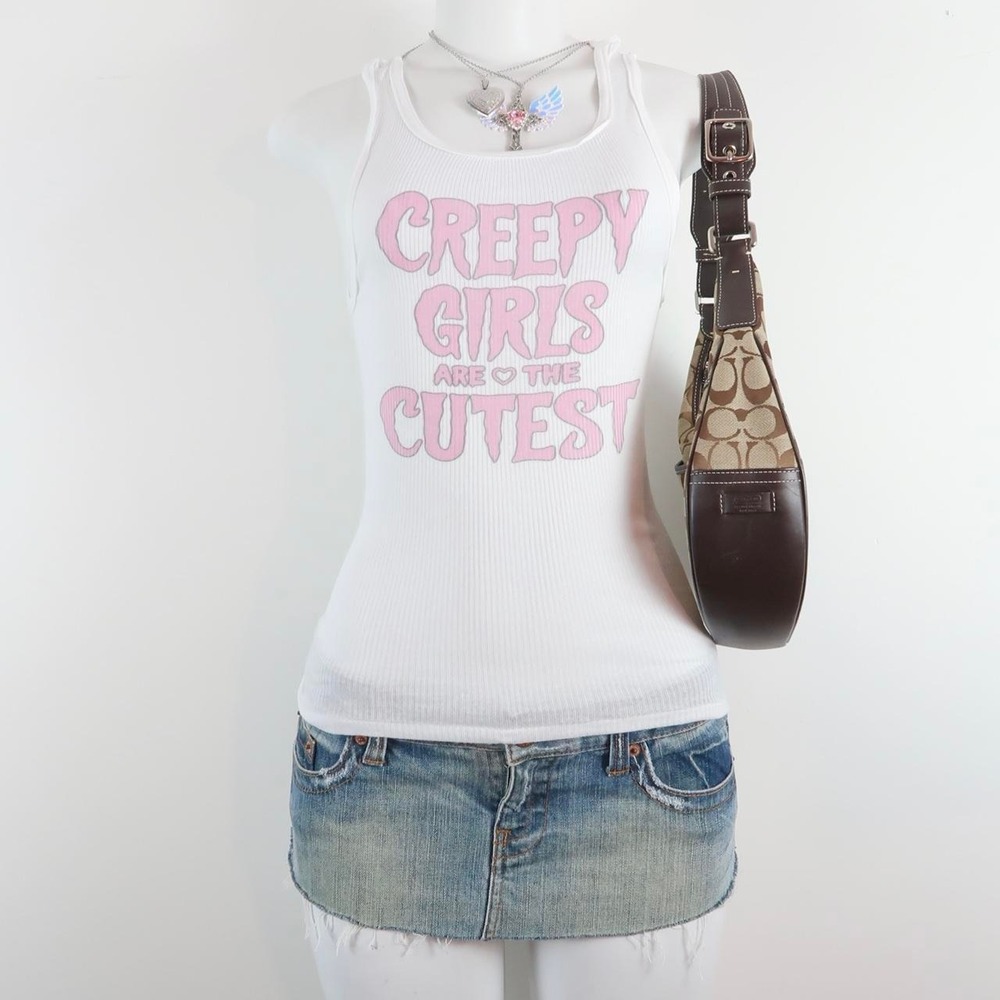 y2k creepy girls tank | 2000s pink graphic ribbed tank | cute slogan cami